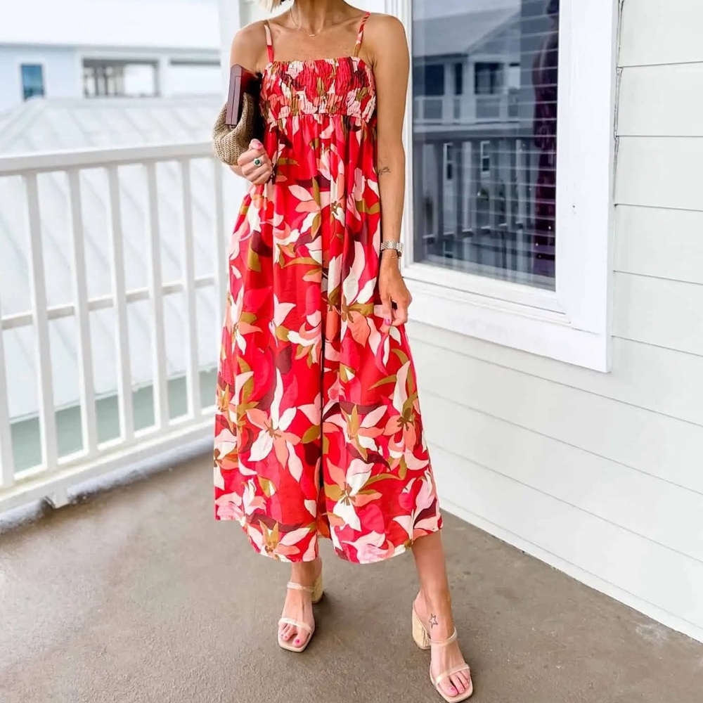 A New Day Spaghetti Strap Smocked Maxi Dress Dark Red Floral S